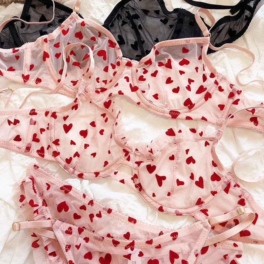 Women Mesh Heart Lingerie Set