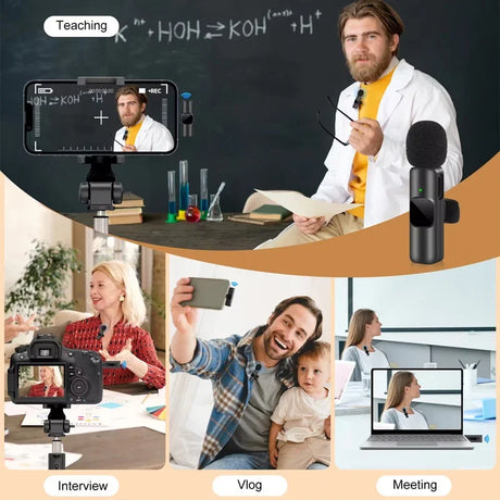 Wireless lavalier microphone for streaming, teaching, vlogging, and meetings in various settings.