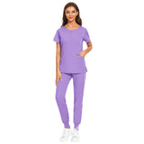 7-color nursing work uniform featuring a zipper V-neck top and matching pants, suitable for women and unisex use.