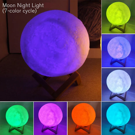 LED Moon Night Light in 7 colors on display, perfect for home decor and gifts.