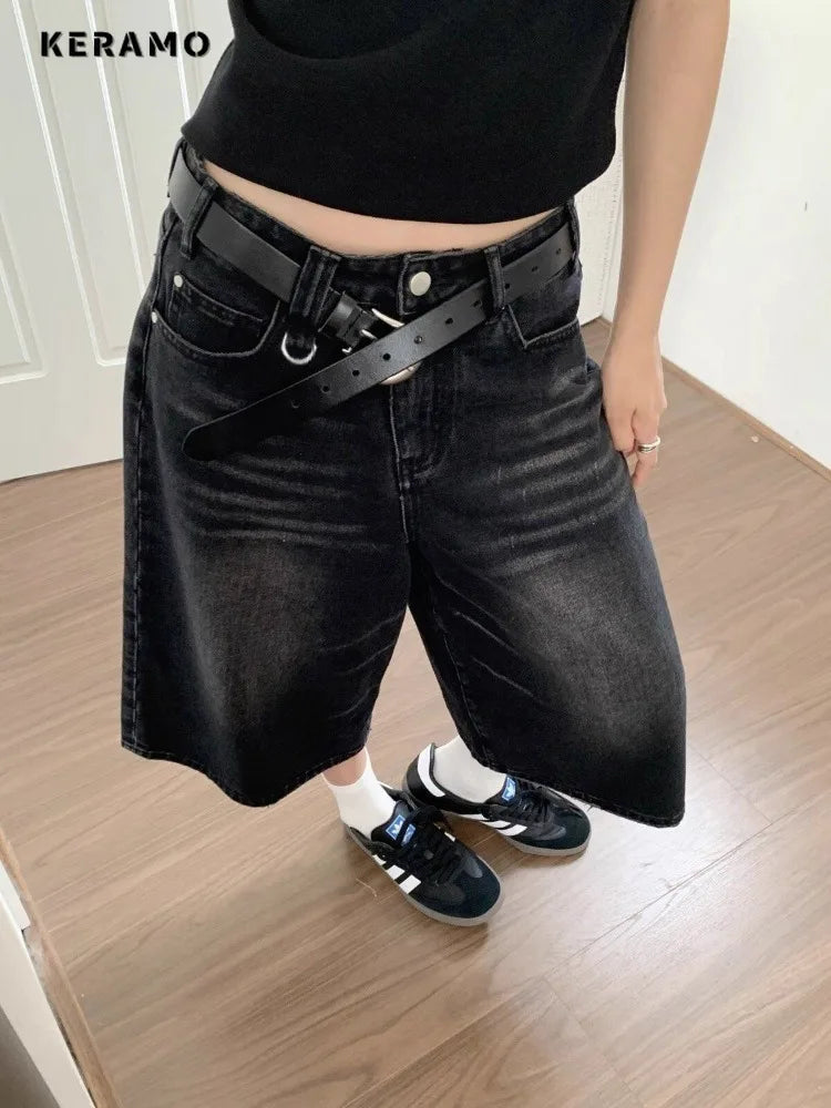 FadeMid™ – Black Retro Loose Shorts (High Waist, Y2K Mid-Length)