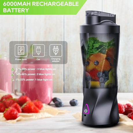 Electric portable juicer with 6000mAh rechargeable battery, showcasing fruits and vegetables inside.