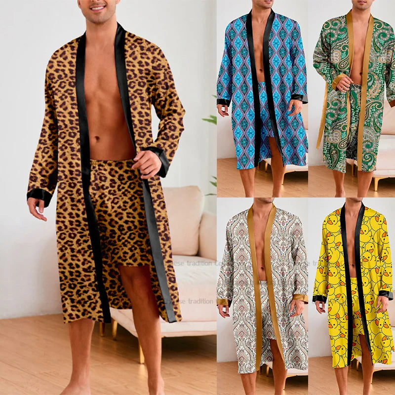 Men’s Leopard Satin Bathrobe Set