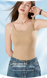Model wearing a beige Ice Silk cami with built-in bra and high elastic thin shoulder straps.