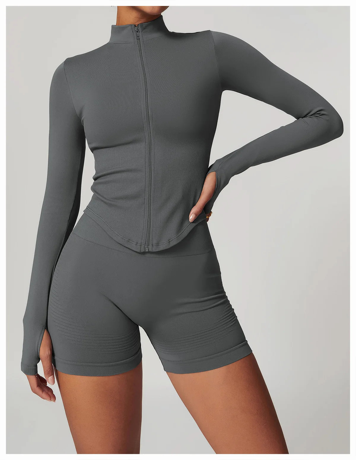 Ribbed Women's Yoga Jacket – Long Sleeve Standing Collar Fitness Top