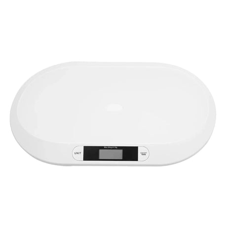 Ergonomic digital baby scale with a sleek white design and clear digital display for accurate measurements.