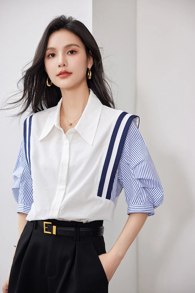 Woman modeling a StripeMuse™ colorblock chiffon shirt, featuring a white and blue design, perfect for casual and office wear.
