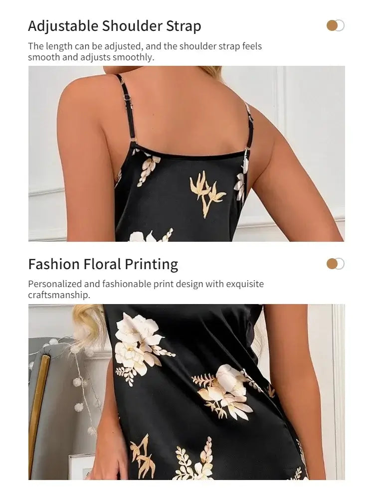 Women Black Floral Satin Nightdress Casual Sleep Shirt