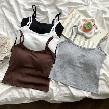 CottoForm™ padded cotton camisoles in black, white, brown, and gray on a soft background, perfect for summer wear.