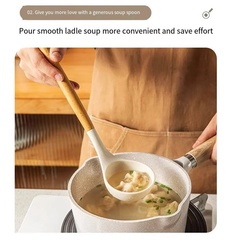 Silicone Cooking Utensil Set with Wooden Handle