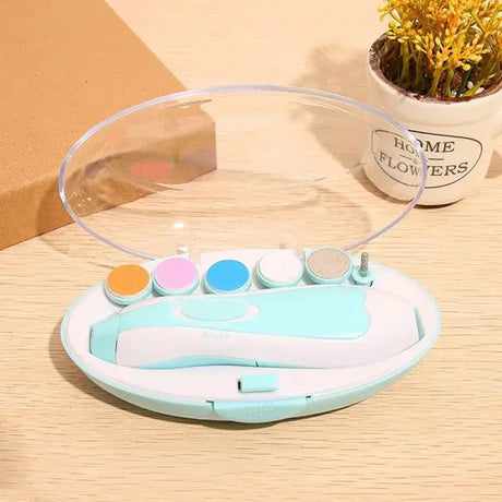 Baby electric nail trimmer set with various colored attachments for safe nail care, designed for infants and young children.