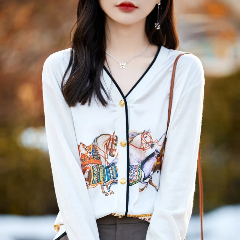 Women's Silk Print Wool Cardigan