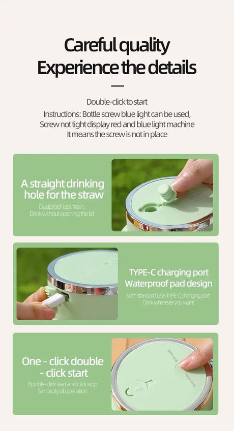 Instructions and features for Wireless Portable Juicing Bucket, showcasing drinking hole, charging port, and activation method.