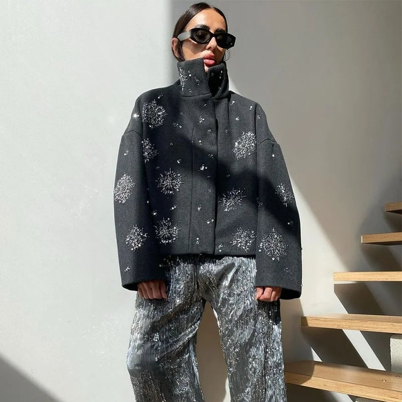Casual Embroidered Wool Blend Bat Sleeve Coat