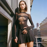 Women's Knitted Rhinestone Long Sleeve Bodysuit – Sexy Y2K Outfit