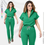 Green women's medical scrub set with zipper top and pants, available in 8 colors.