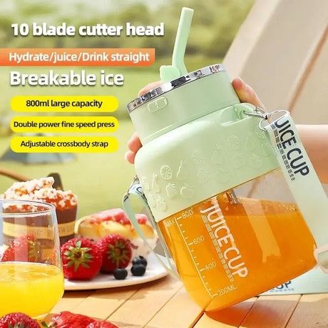 Wireless portable 800ml juicing cup with 10 blade cutter and adjustable strap for smoothies and hydration.