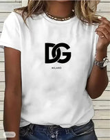 Stylish white t-shirt featuring DG Milano logo, perfect for casual wear and everyday fashion.
