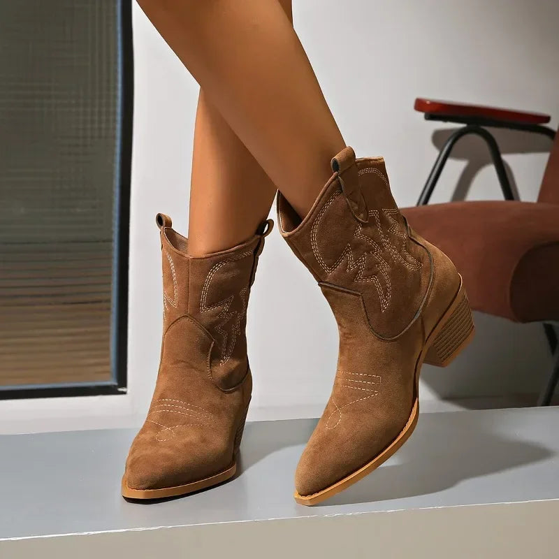 Women Western Cowboy Short Boots – Coarse Heel Embroidered Leather