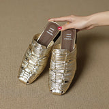 Women Mules Leather Block Heel Sandals