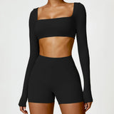 Women's Seamless Long Sleeve Yoga Crop Top – Quick-Dry Square Neck Gym Shirt