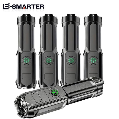 ESMARTER rechargeable LED tactical flashlights with adjustable focus and power switch, showcasing four black devices.