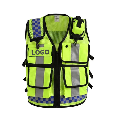 Adjustable mesh safety vest in hi-vis yellow with reflective stripes and multiple pockets for utility and safety.