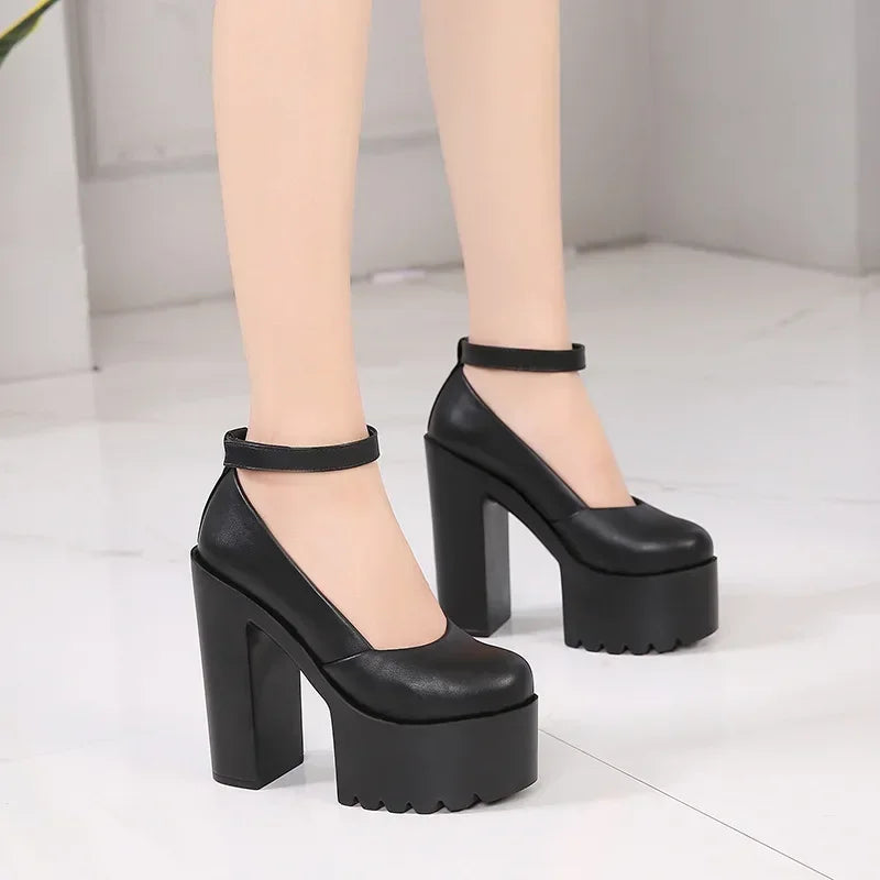 14cm Thick High Heel Pumps – Black PU 2025