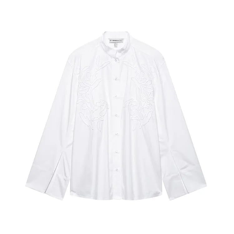 EmbroiChic™ elegant white embroidery long sleeve blouse for women, casual Korean style shirt with stand collar.