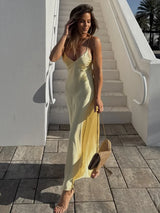 Golden Satin Backless Evening Gown