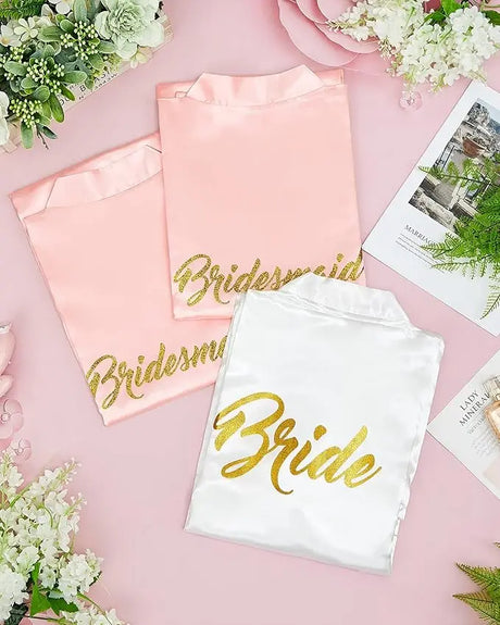 10-piece satin bridal kimono robe set with pink bridesmaid robes and white bride robe, perfect for wedding showers.