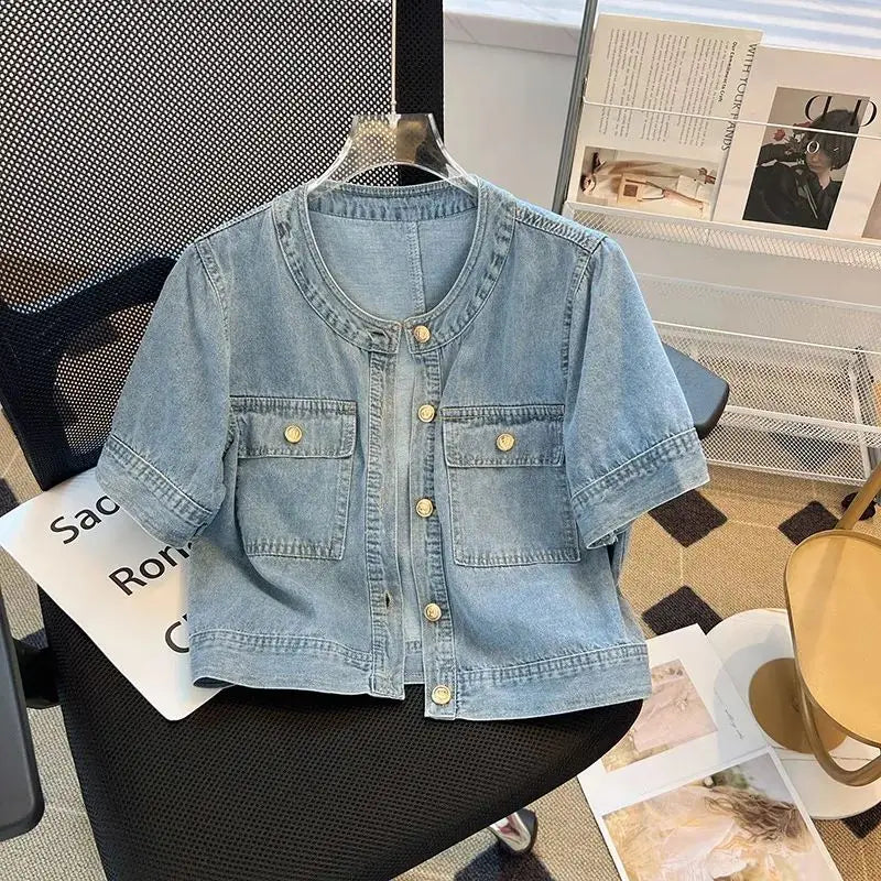 Women's Short Sleeve Denim Cropped Jacket