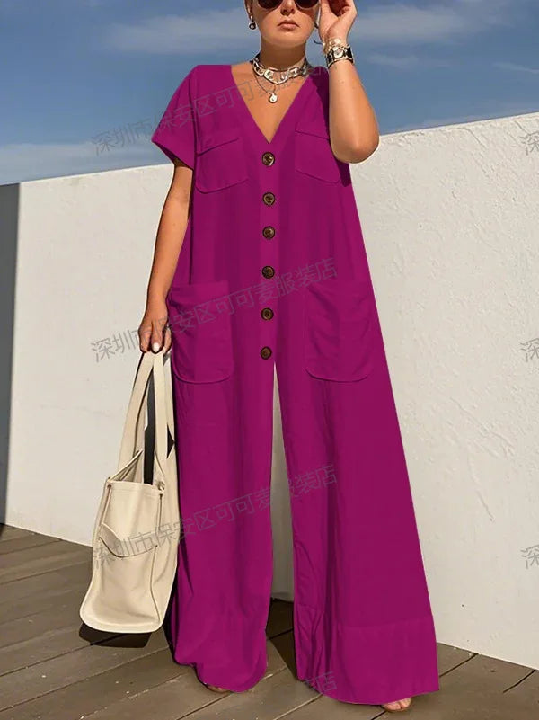 ModiWork™ – V-Neck Button Casual Office Jumpsuit (Smart, Relaxed & Stylish)