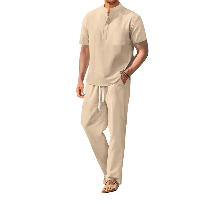 Men Henley Shirt Pants Set