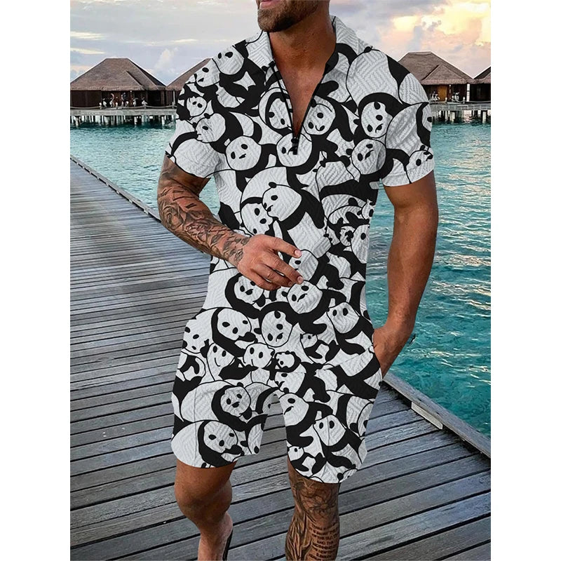Men's 3D Print Polo & Shorts Set