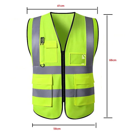 Unisex Multi-Pocket Safety Vest with reflective stripes, breathable fabric, and utility pockets, dimensions 41cm shoulder, 58cm waist, 68cm length.