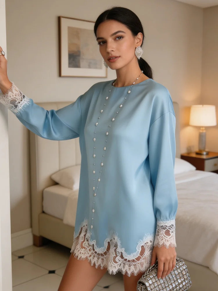 Elegant Satin Lace Midi Dress