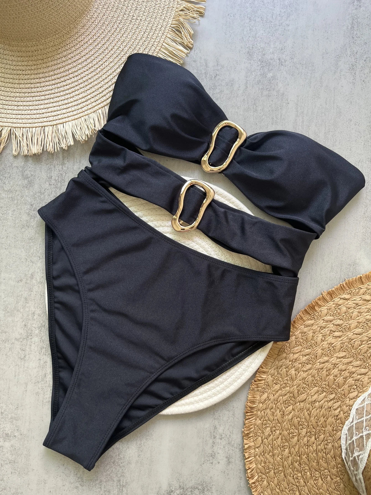 Women Metal Ring Bandeau Swimsuit