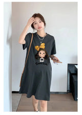 Sweet Casual Maternity T-Shirt Dress with cartoon character design, knee-length and loose fit for summer comfort.