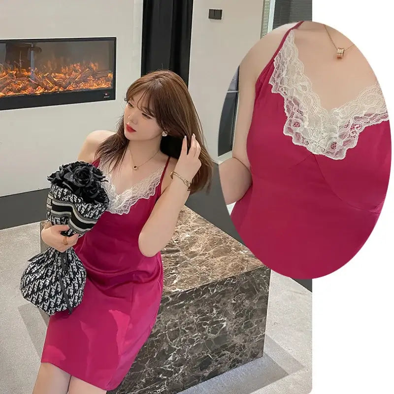 Women Plus Size Lace Splicing Nightdress Loose Pajama