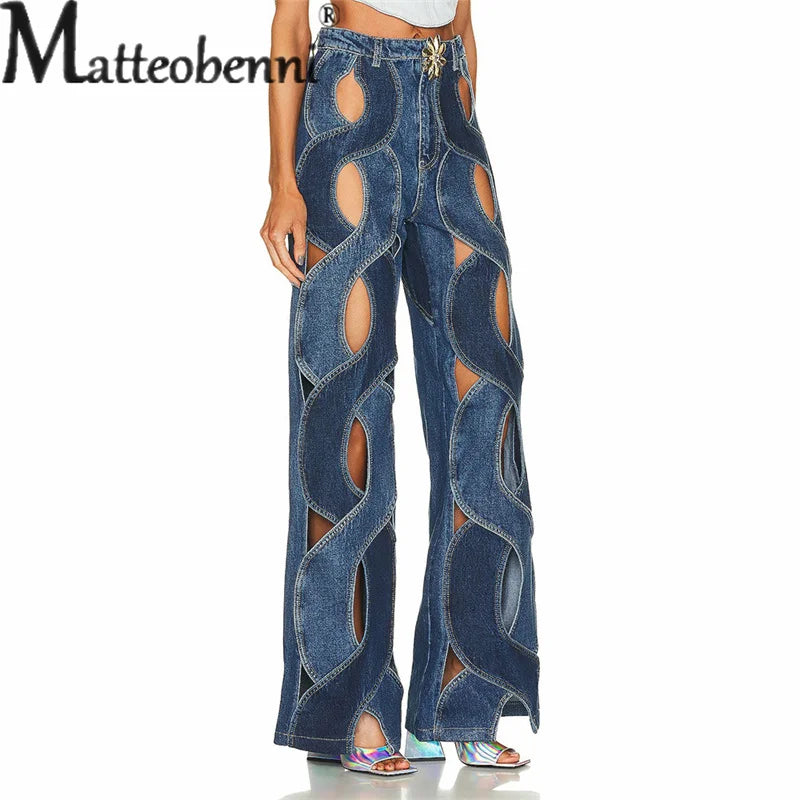 Women Hollow Out Stripe High Waist Jeans