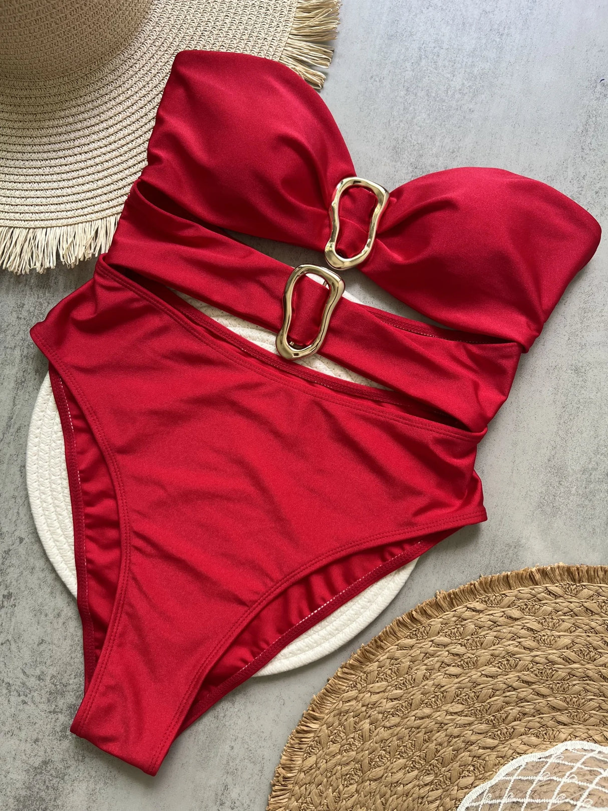 Women Metal Ring Bandeau Swimsuit