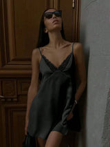 Black Satin Lace Backless Dress