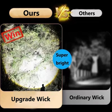 Comparison image showing Heinast High Power LED Flashlight with upgrade wick versus ordinary wick, highlighting superior brightness.