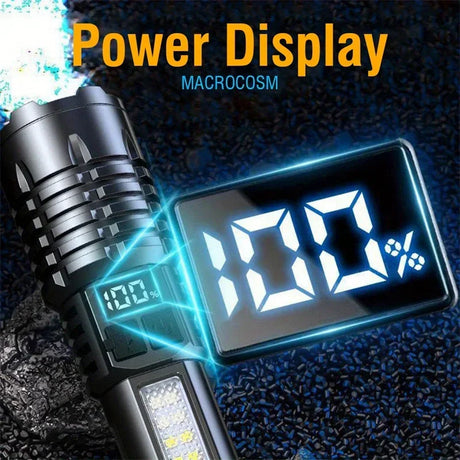 High power LED flashlight with power display showing 100% battery level, designed for camping and outdoor use.