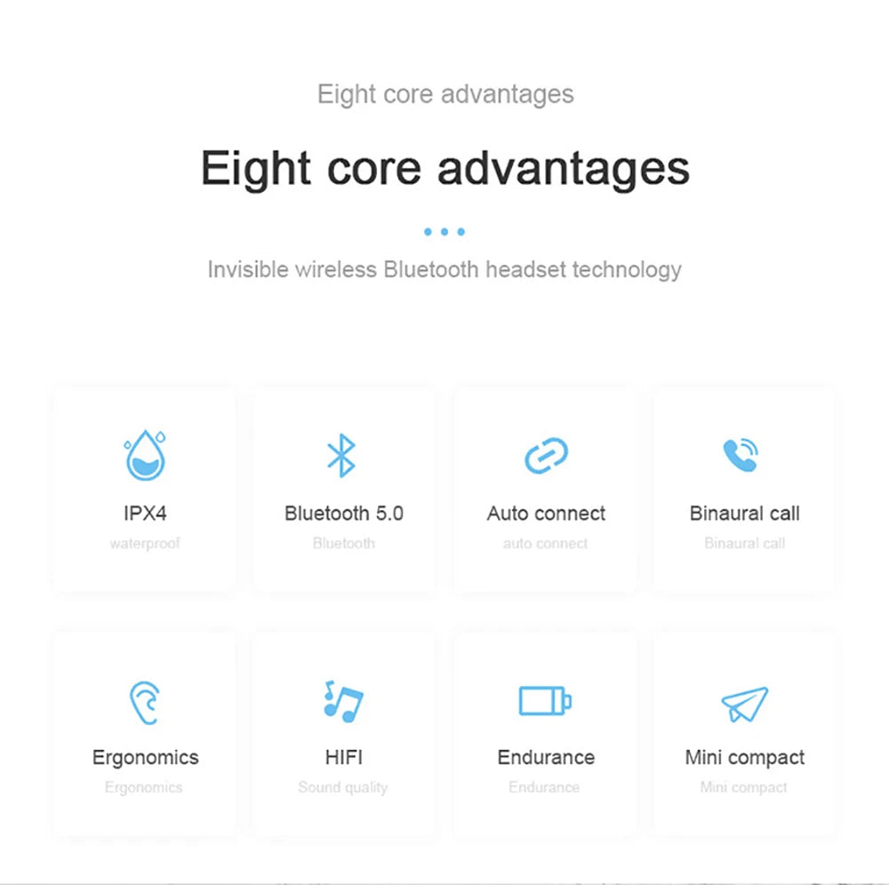 Eight core advantages of TWS A6S Wireless Bluetooth headset including waterproof, auto connect, HI-FI sound, and mini compact design.