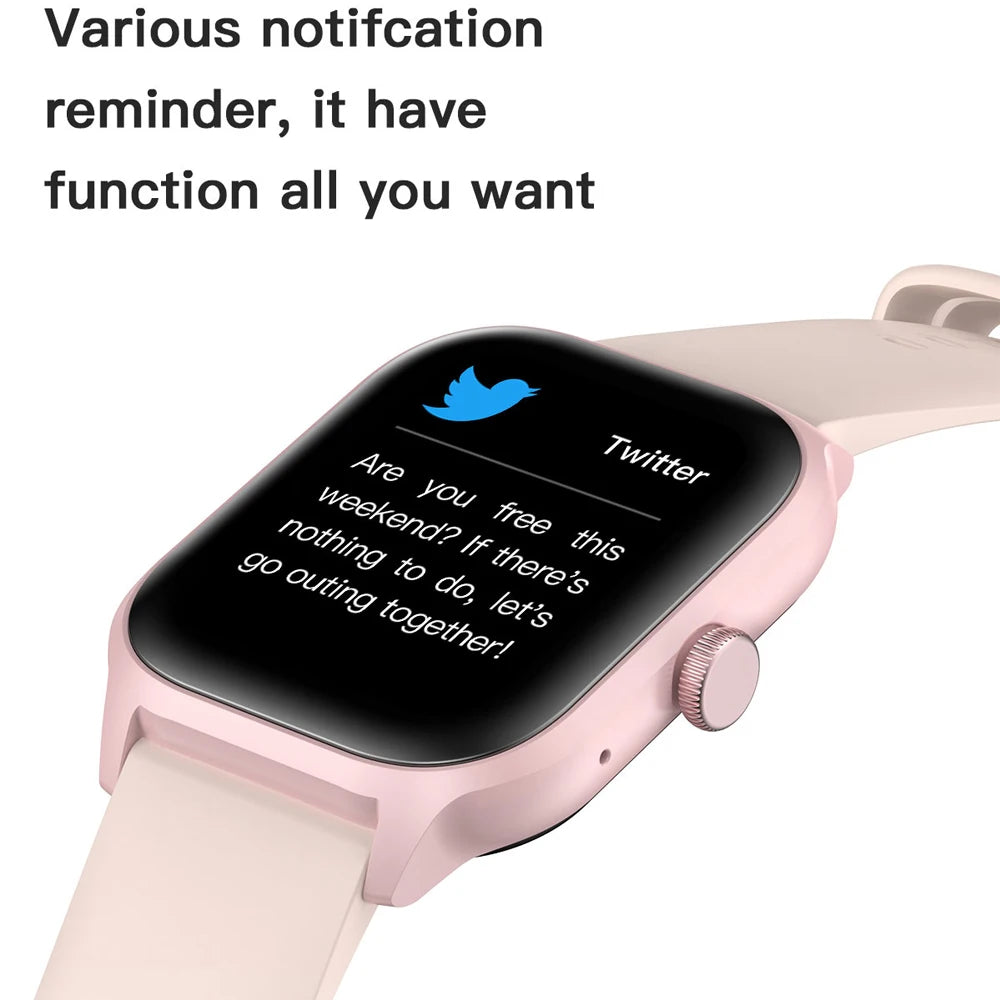 LEMF0 LT10 Smart Watch displaying Twitter notifications with various reminder functions in pink design.