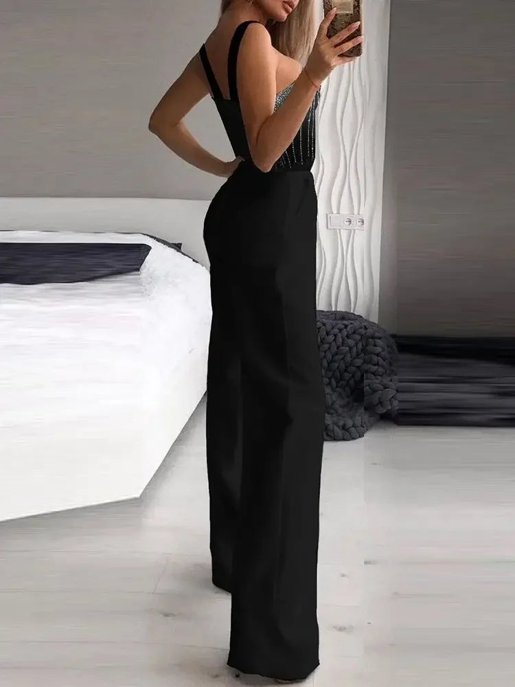 GlimmaStrap™ – Multi-Strap Rhinestone Jumpsuit (Black, Glamorous & Eye-Catching)
