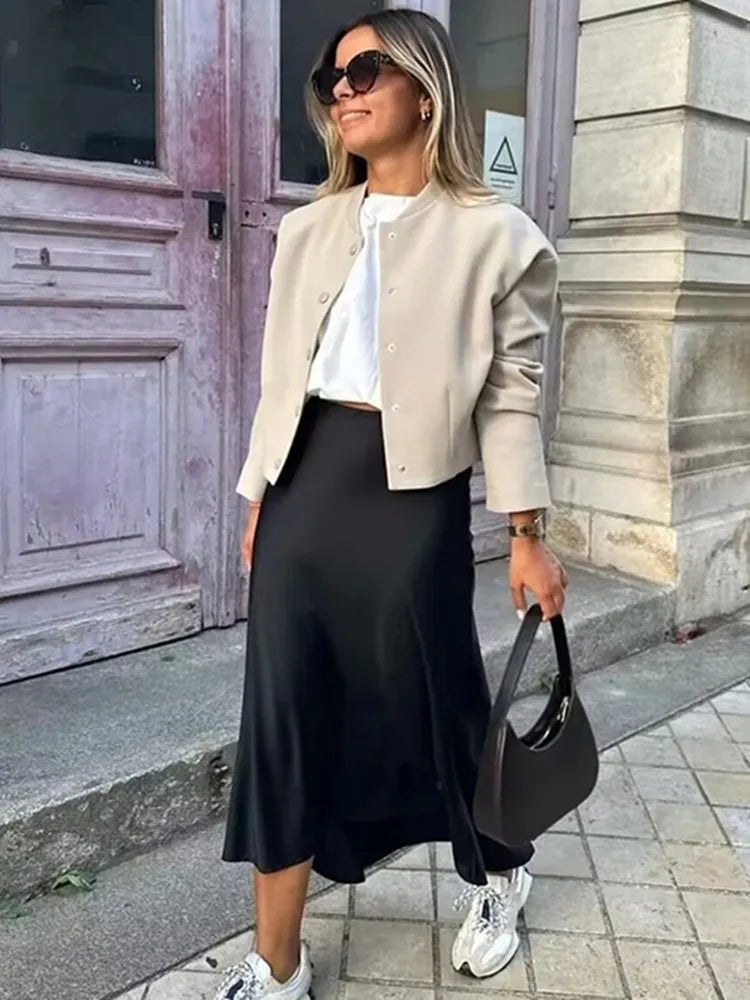 Women Satin Midi Skirt 2025