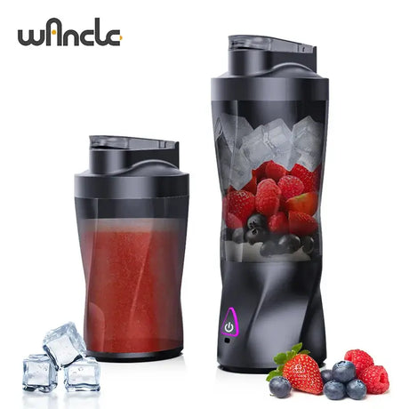 Electric portable juicer by KIRAINAFLY showcasing capacity for juicing, ice crushing, and smoothies with vibrant fruits and ice.